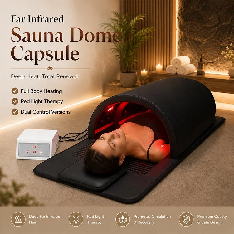 Elevn Enfold far-infrared sauna dome with a reclining user in a spa setting