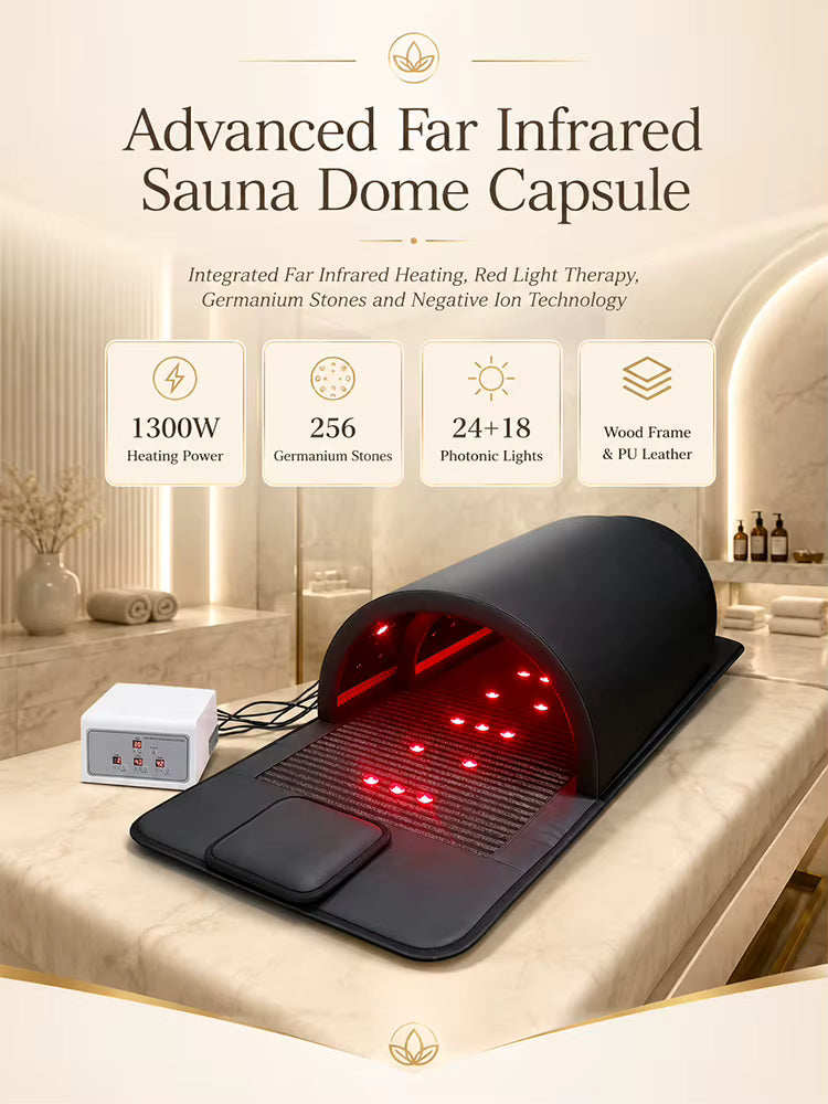 Sauna dome product graphic showing 1300 W power and lighting details