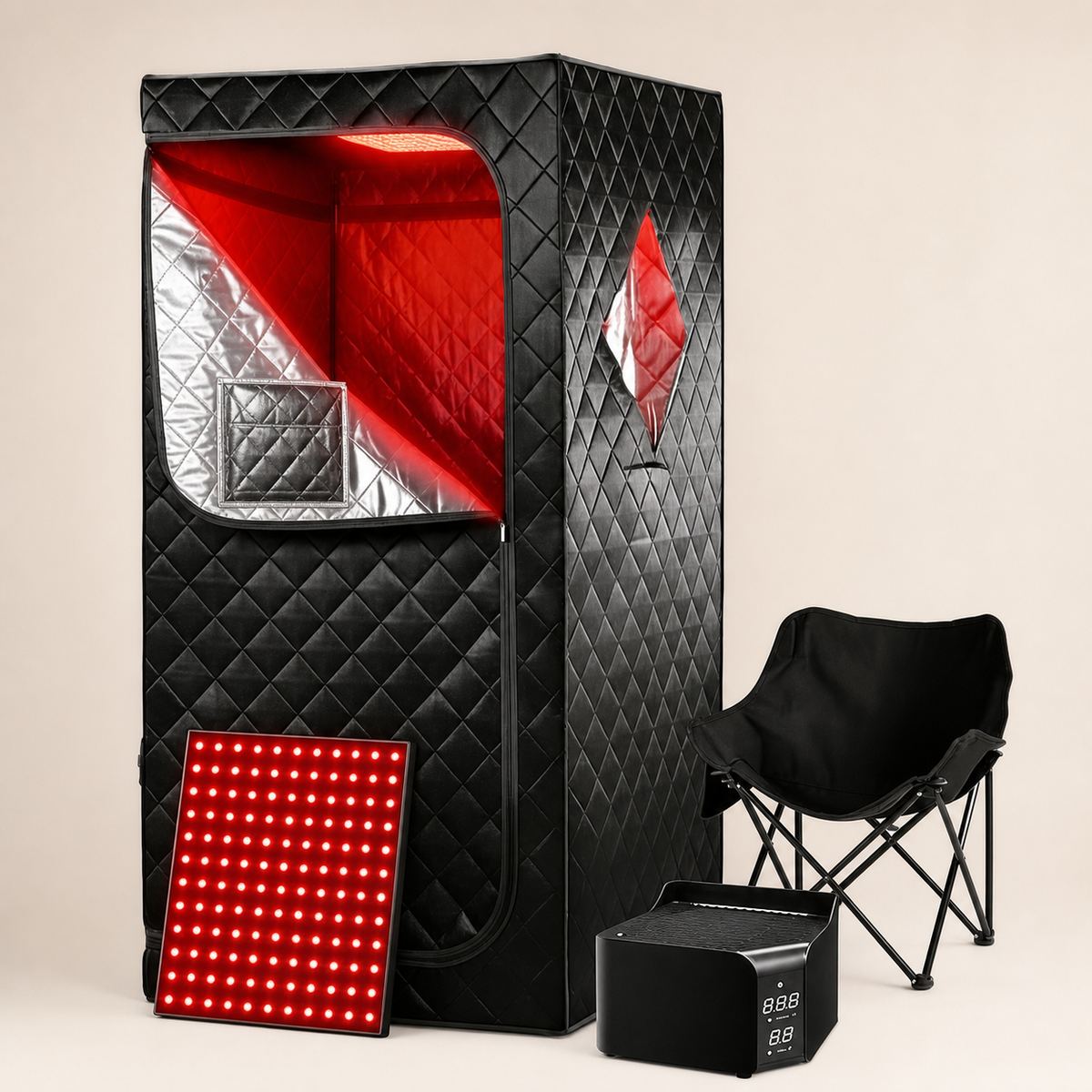 Elevn Cocoon portable sauna tent, chair, heater and red light panel, clean studio view