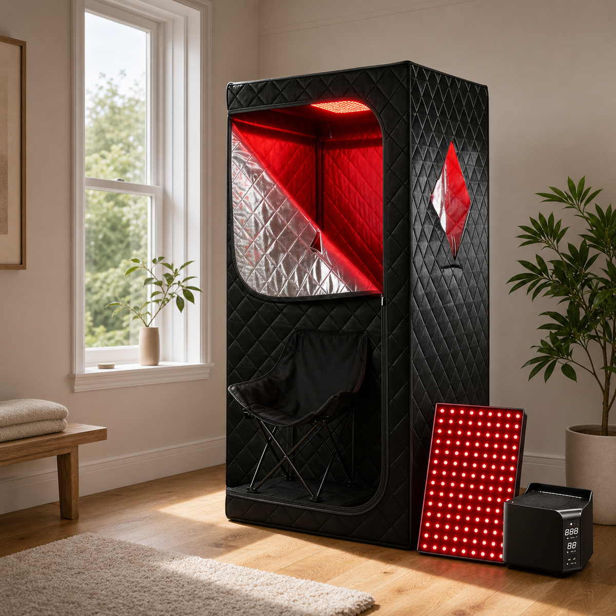 Elevn Cocoon infrared and red light sauna set in a calm British home wellness room