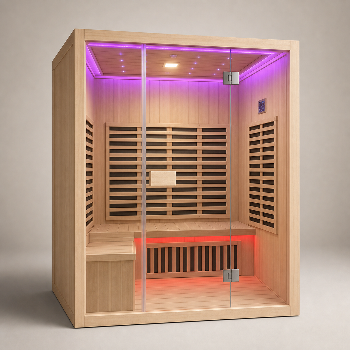 Elevn Sanctuary indoor infrared sauna cabin, clean studio front view