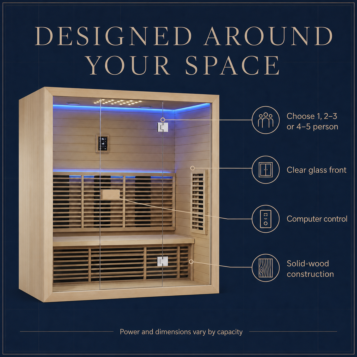 Elevn Residence infrared sauna product features and capacity guidance