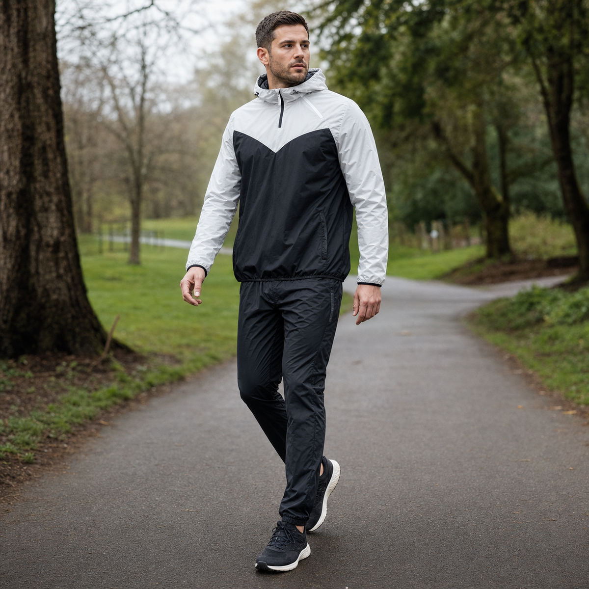 Man wearing the Elevn Thermal training suit during a controlled outdoor session in a British park