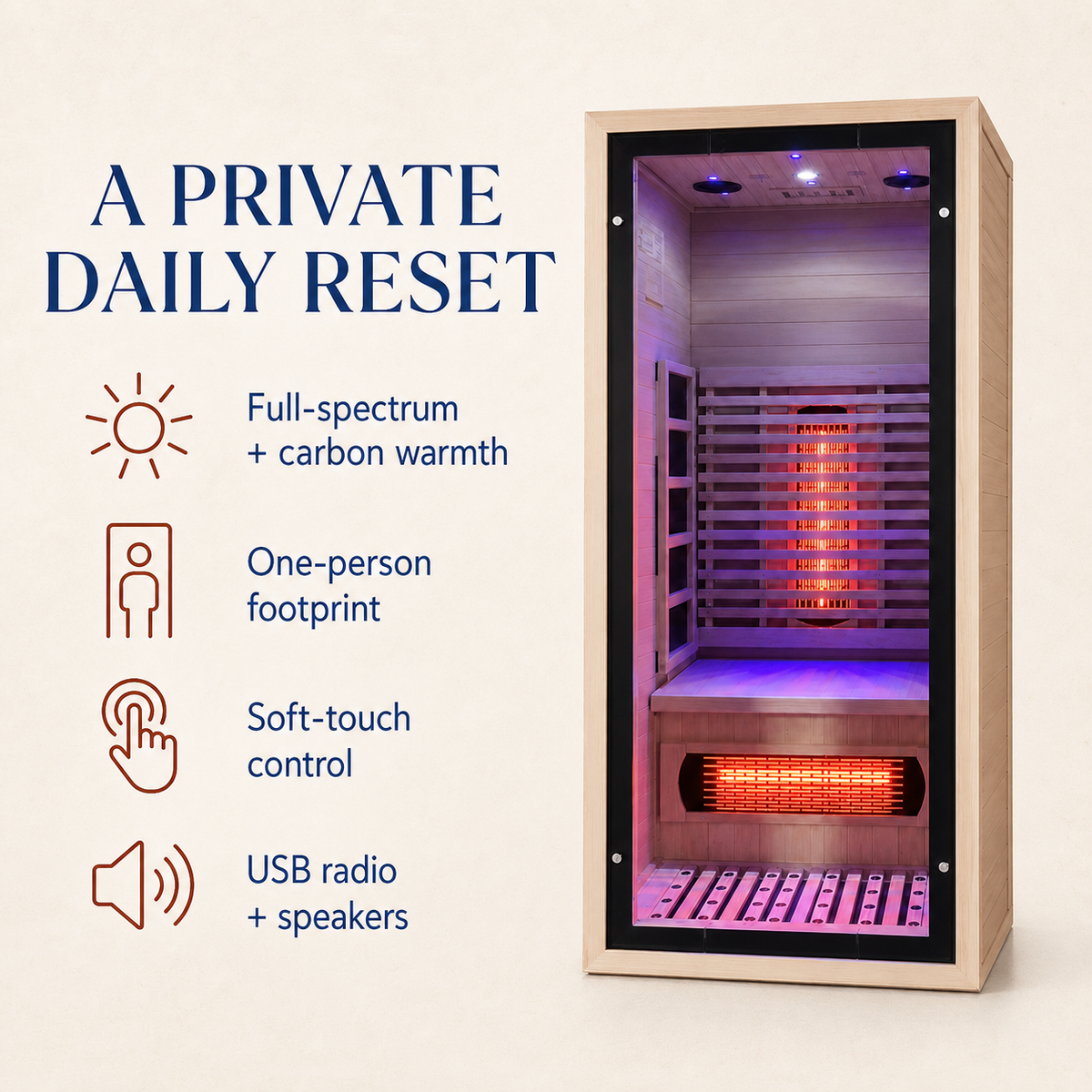 Elevn Solace one-person infrared sauna key benefits