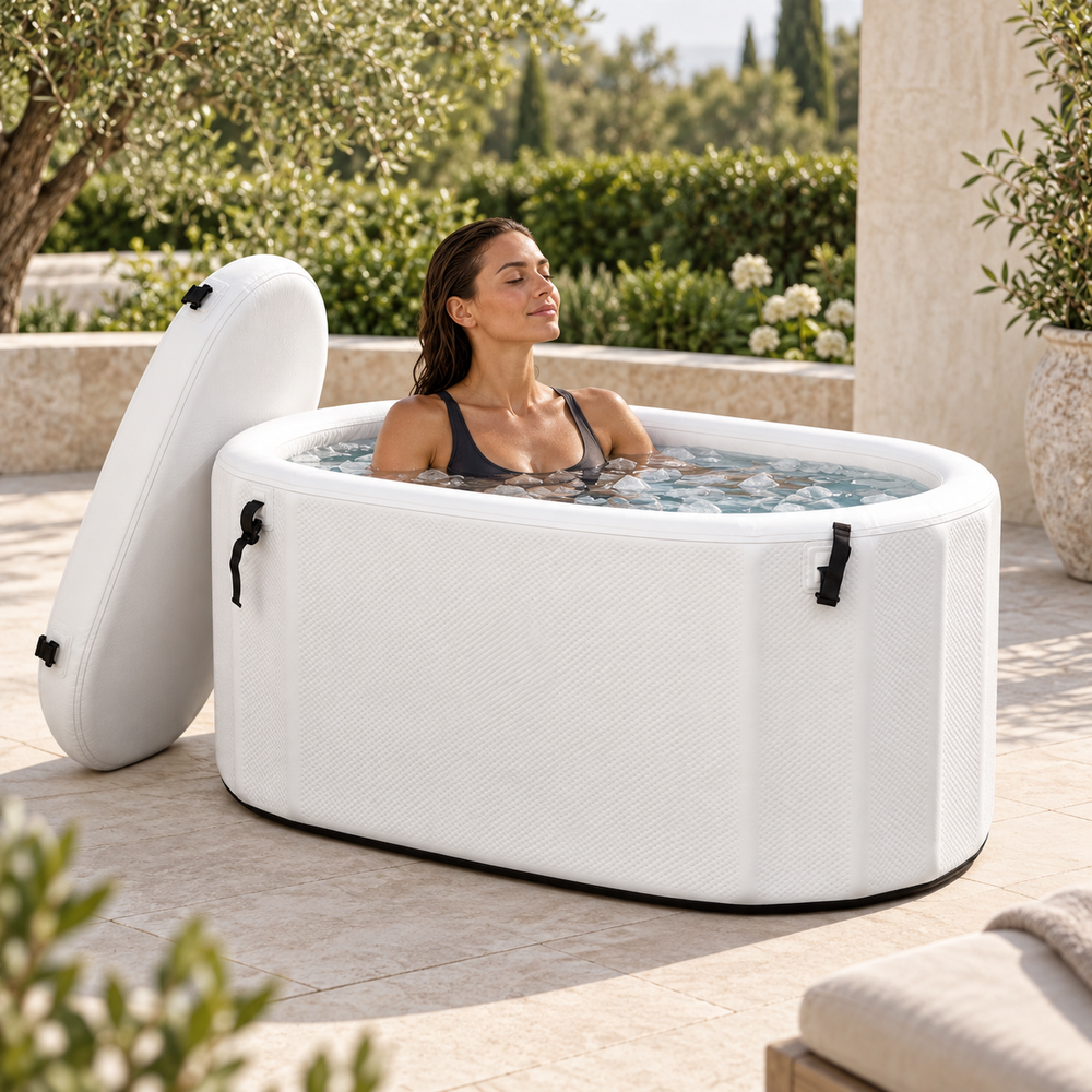 Woman enjoying an Aether inflatable ice bath on a garden terrace.