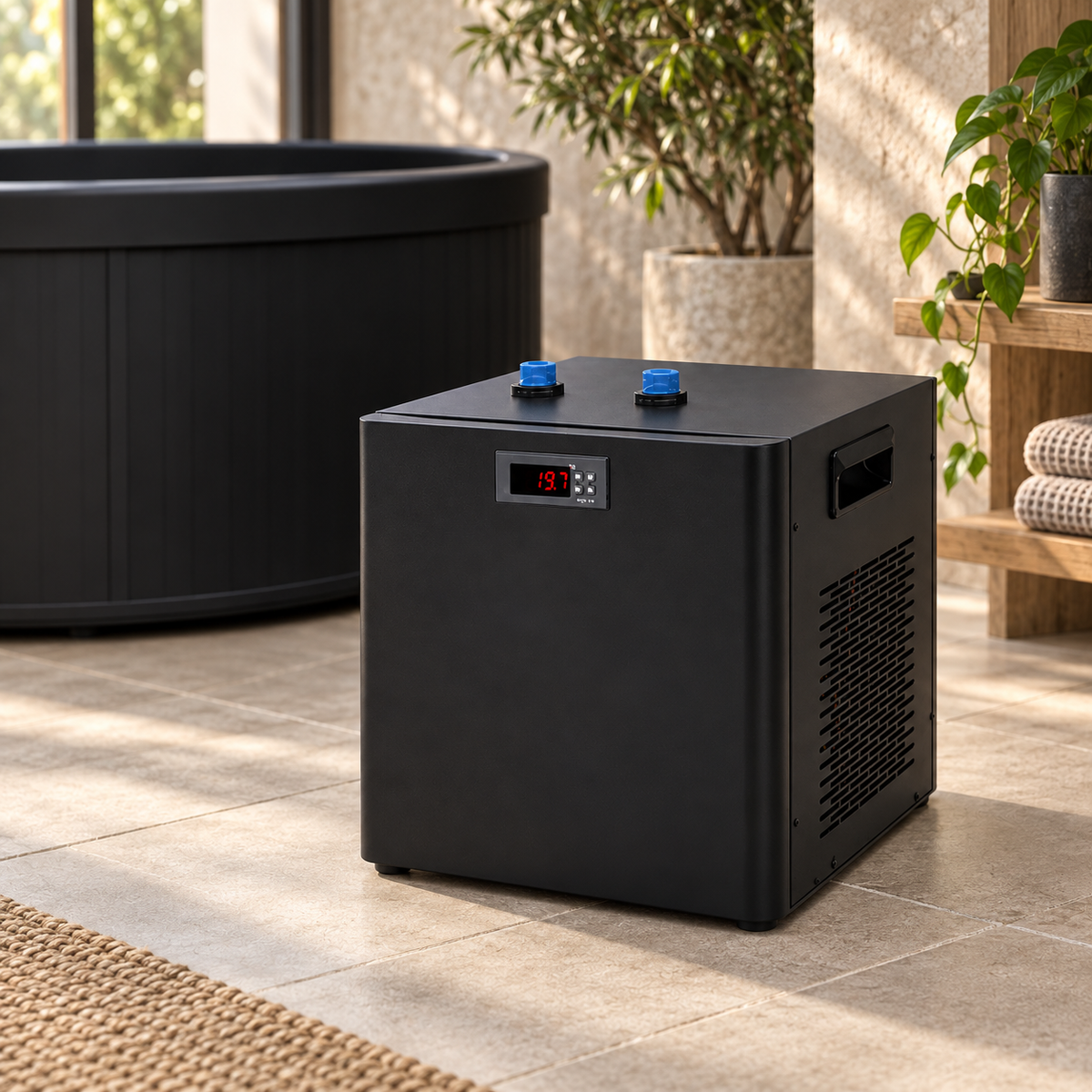Chill compact ice-bath chiller presented in a home wellness area.