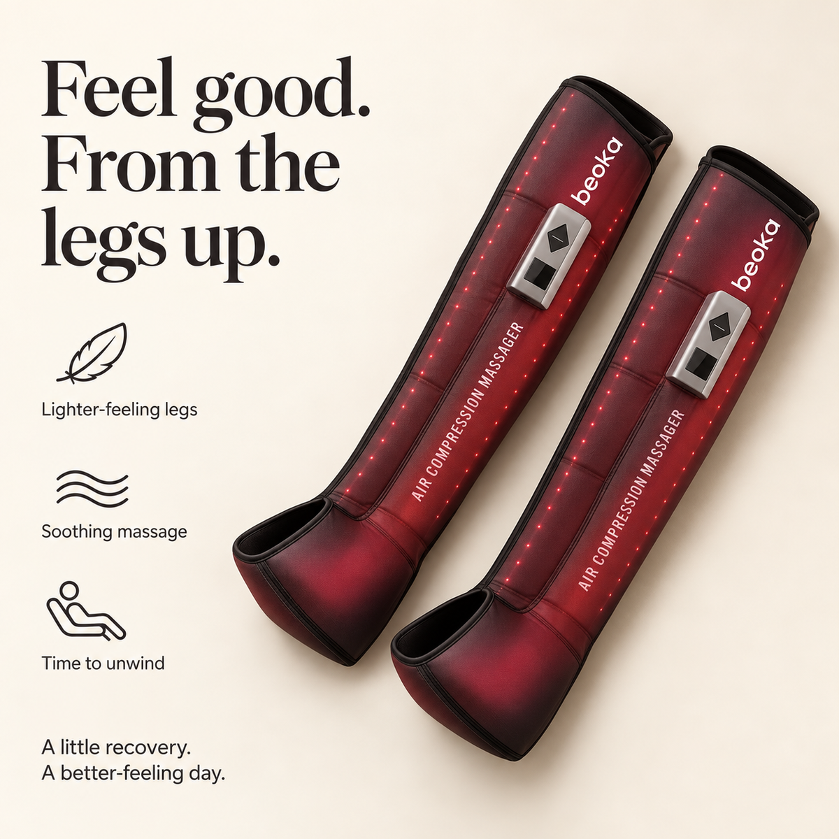 Compression recovery boots with icons highlighting lighter-feeling legs, soothing massage and time to unwind.