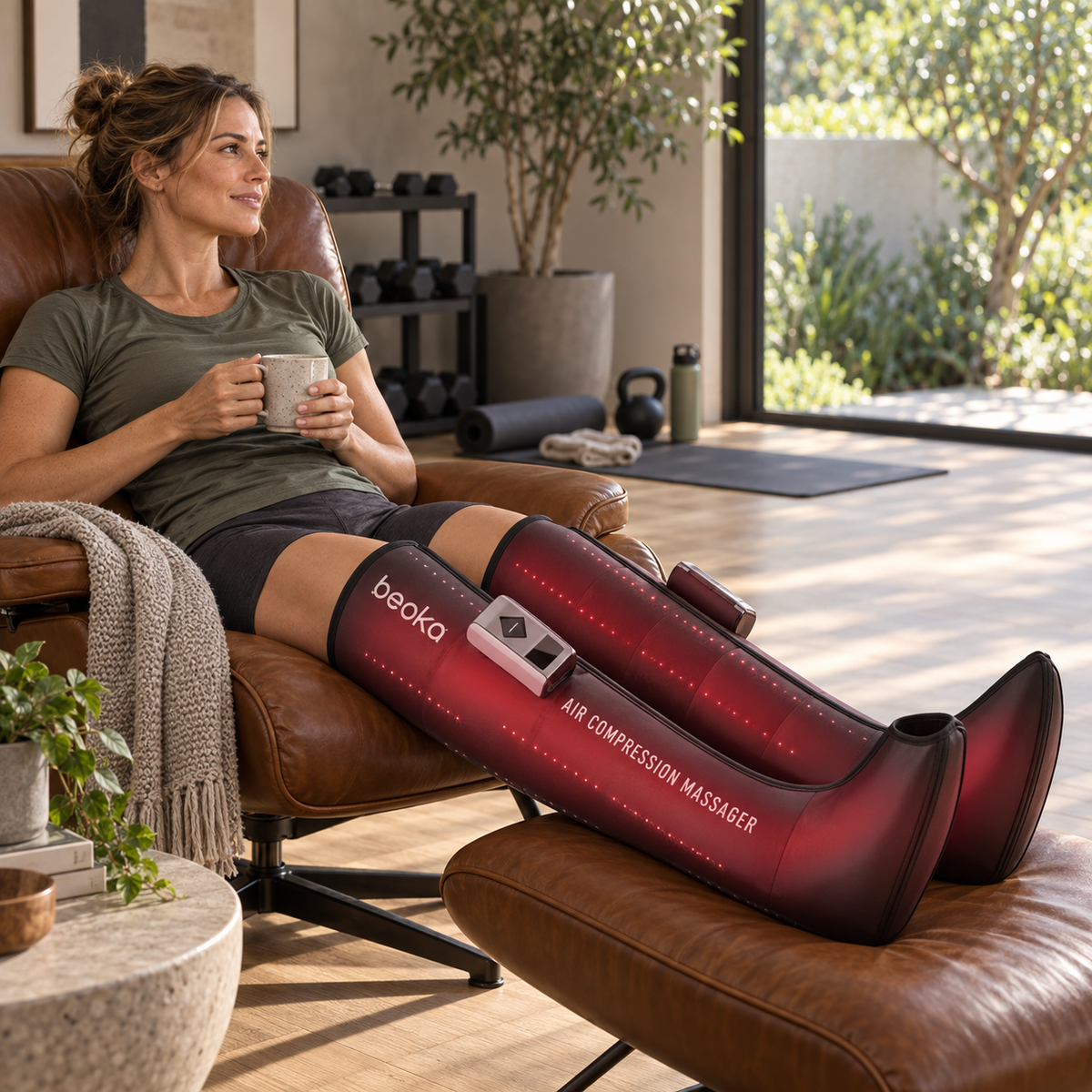 Woman relaxing in compression recovery boots in a naturally lit home exercise studio.