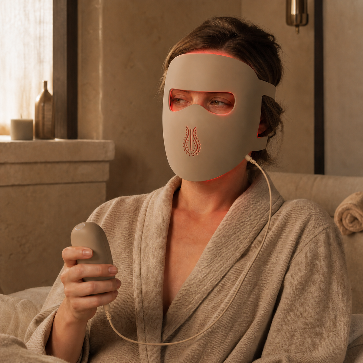 Woman using the Elevn Halo LED light therapy face mask at home