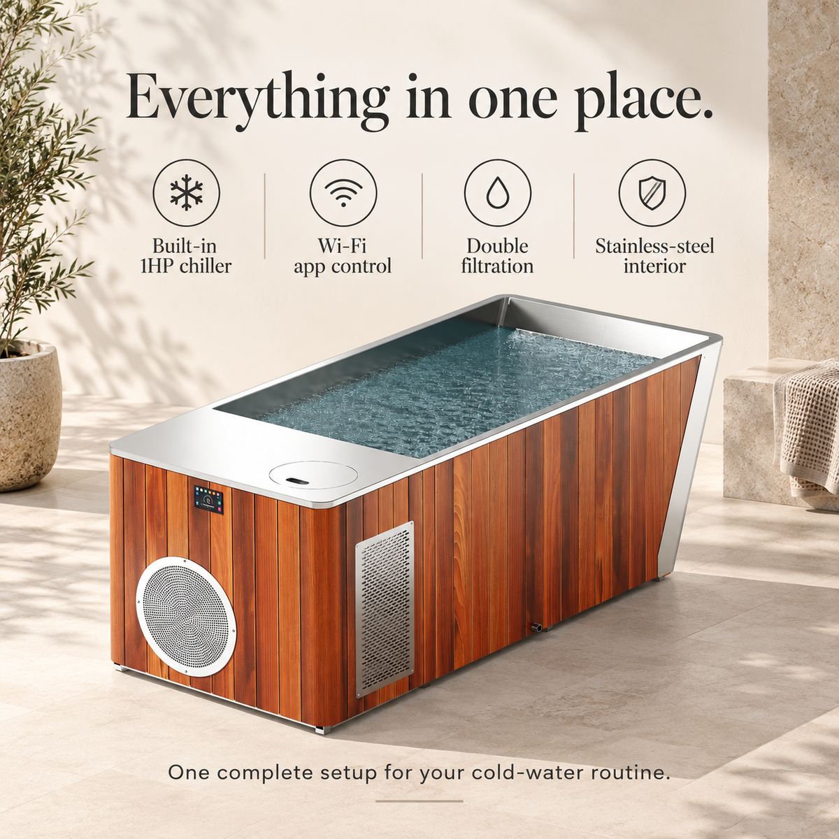 Integrated cold plunge chiller, app control and filtration features