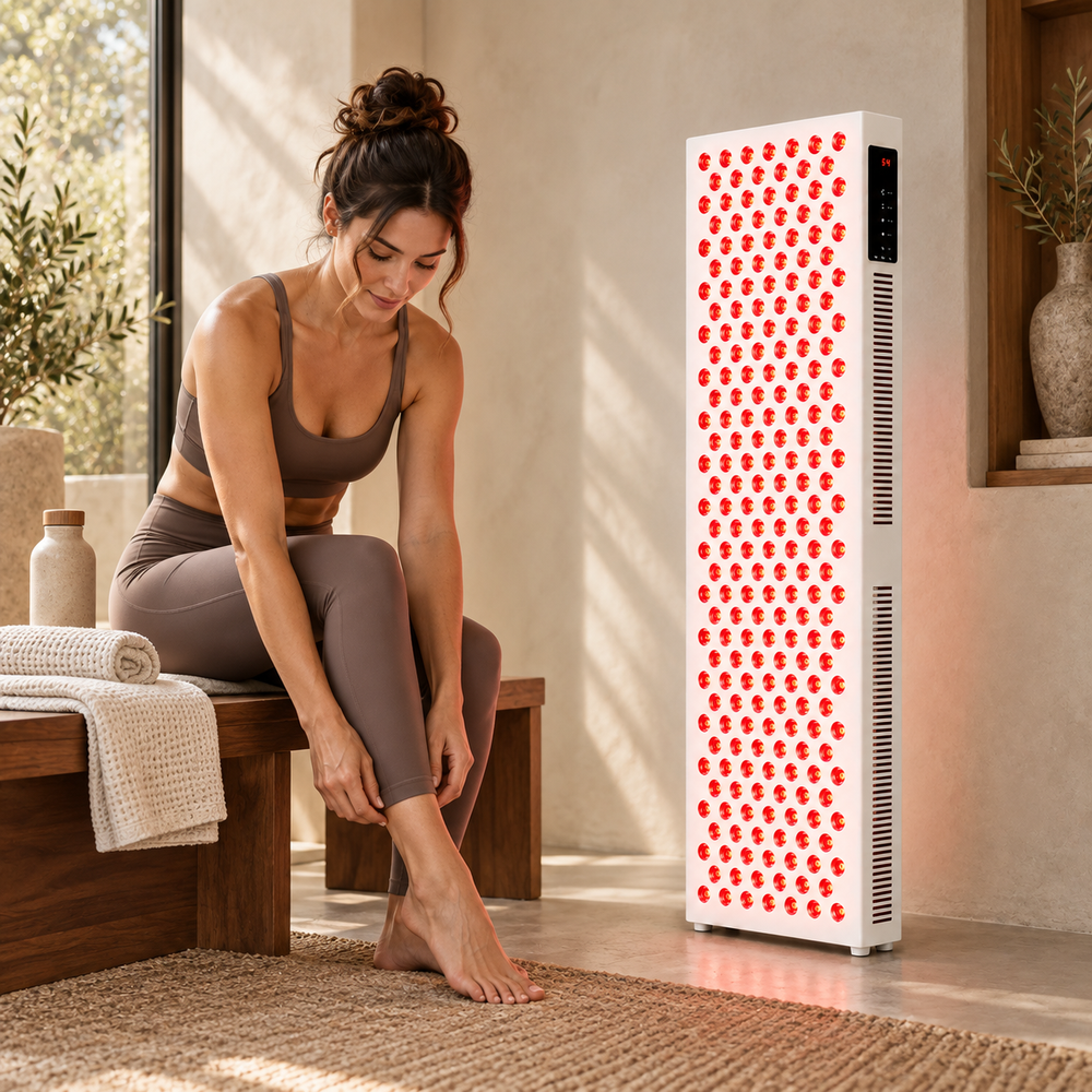 Luma red-light panel in a home wellness space beside a seated woman preparing a session.
