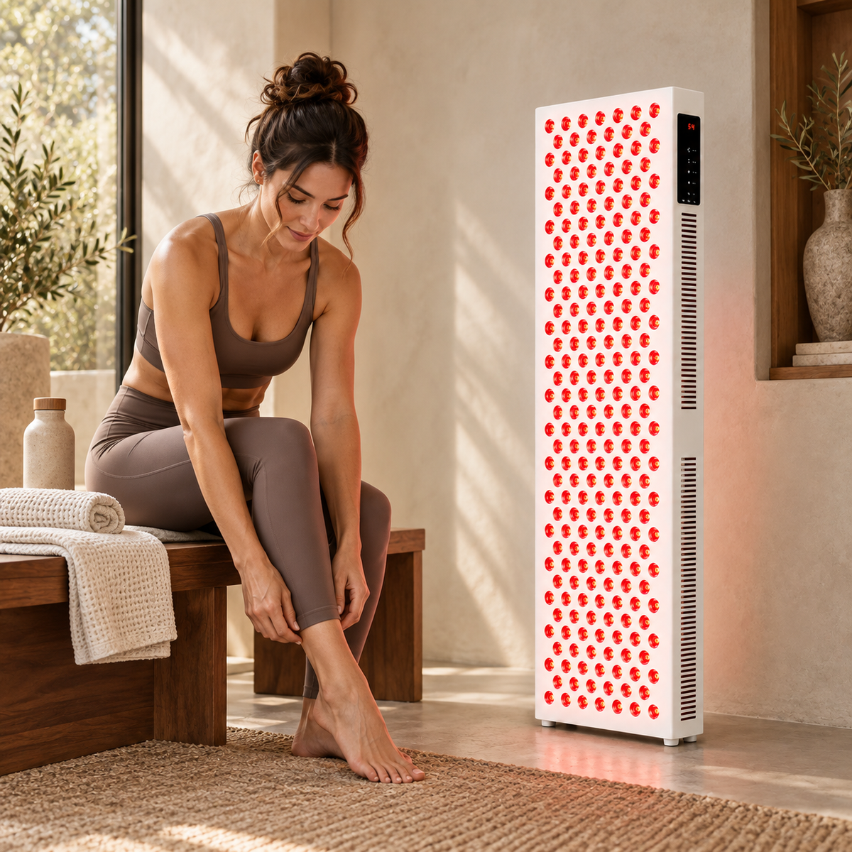 Luma red-light panel in a home wellness space beside a seated woman preparing a session.
