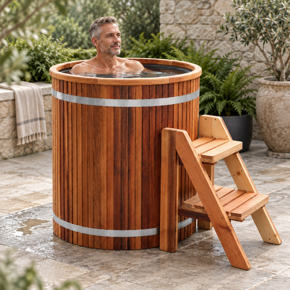 Man enjoying a Nordic cedar and steel cold plunge barrel in a garden.