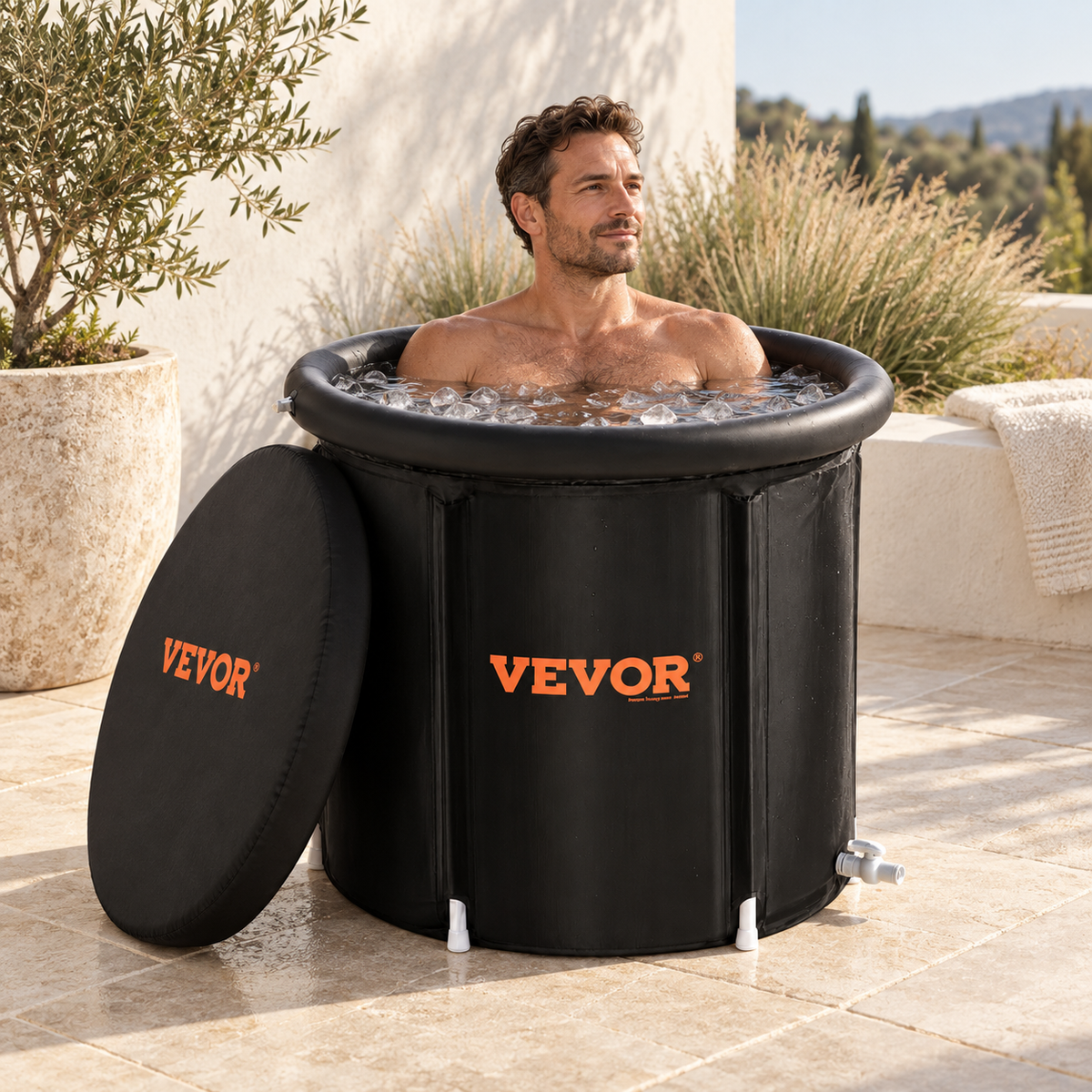 Reset portable ice bath used on a sheltered garden terrace