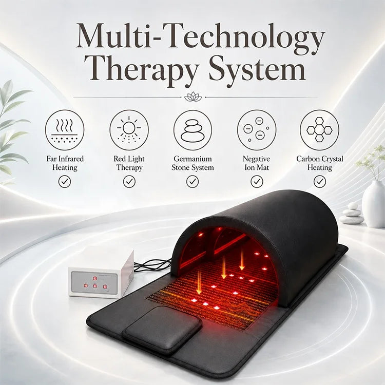 Far-infrared sauna dome diagram showing heat, red lights and layered mat