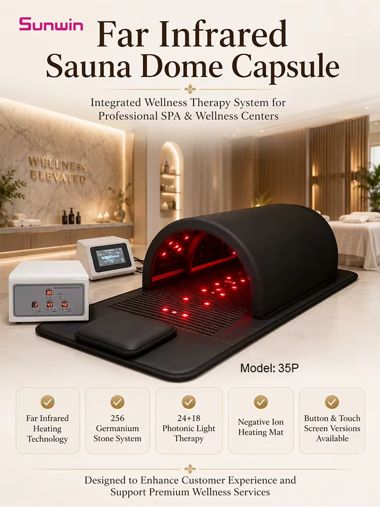 Supplier overview of model 35P far-infrared sauna dome and component systems