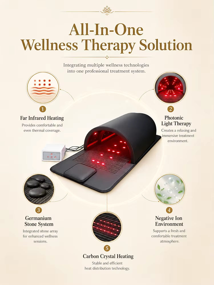 Black far-infrared sauna dome with red lights and layered heating system