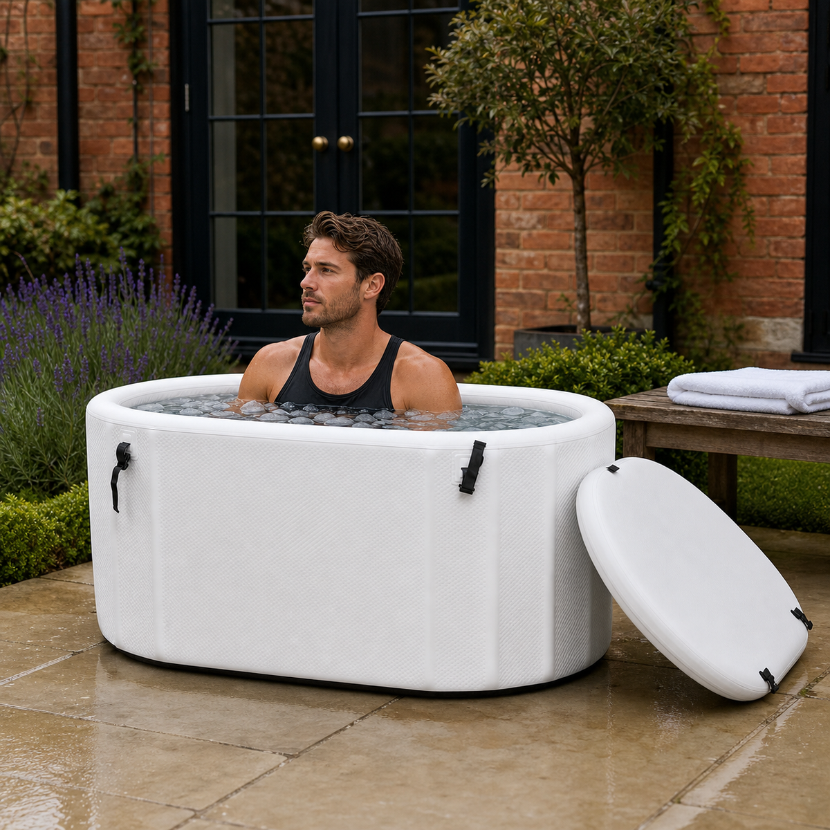 Elevn Aether inflatable ice bath in a British garden