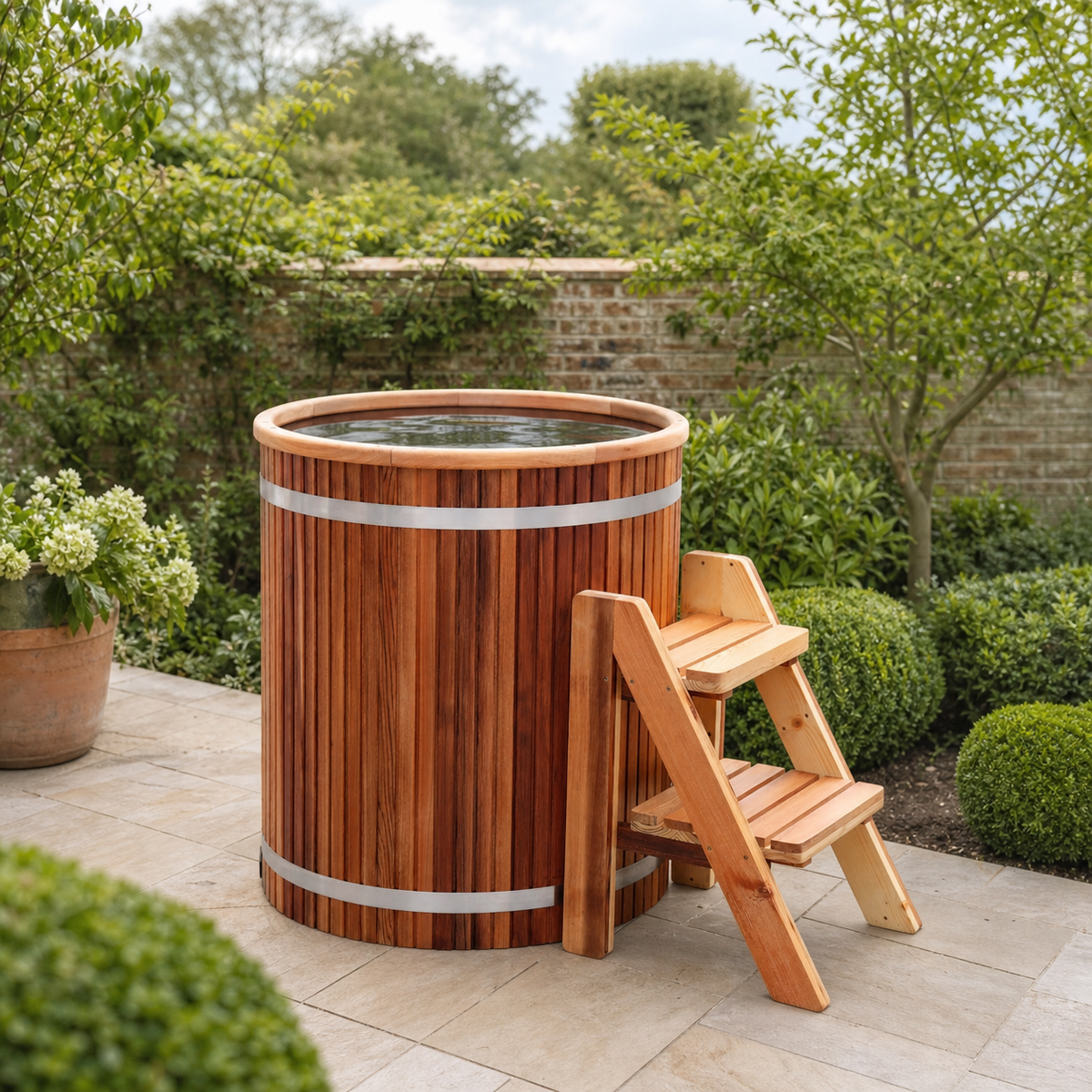 Elevn Nordic cedar cold plunge barrel in a landscaped British garden