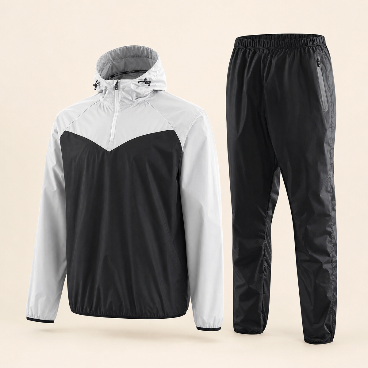 Elevn Thermal black and pale grey unisex two-piece training suit, clean studio view