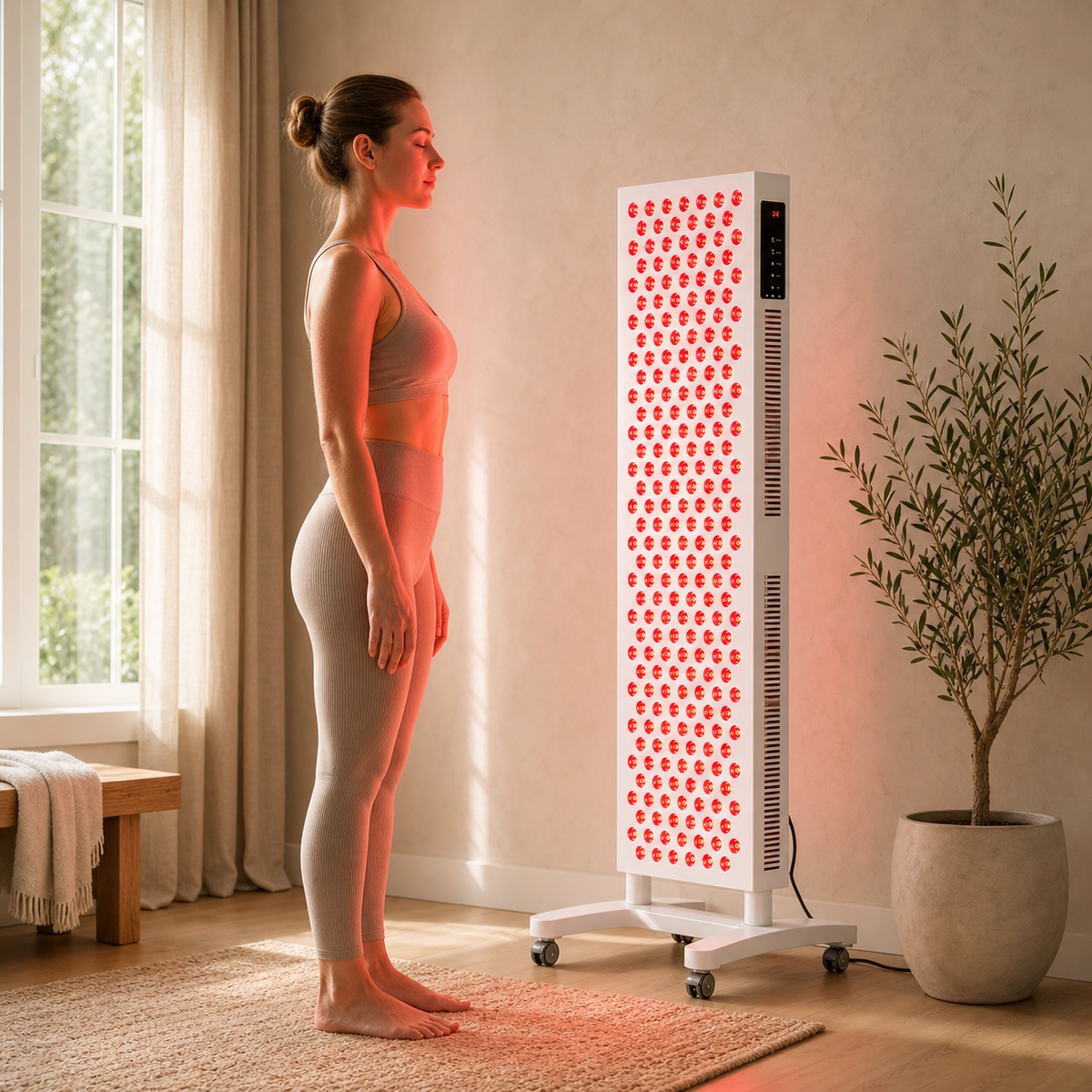 Elevn Luma red light panel in a calm British home wellness space