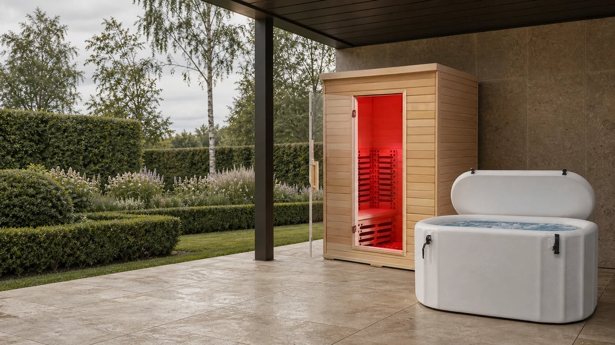 A pale timber infrared sauna and white inflatable ice bath on a sheltered terrace overlooking a British garden