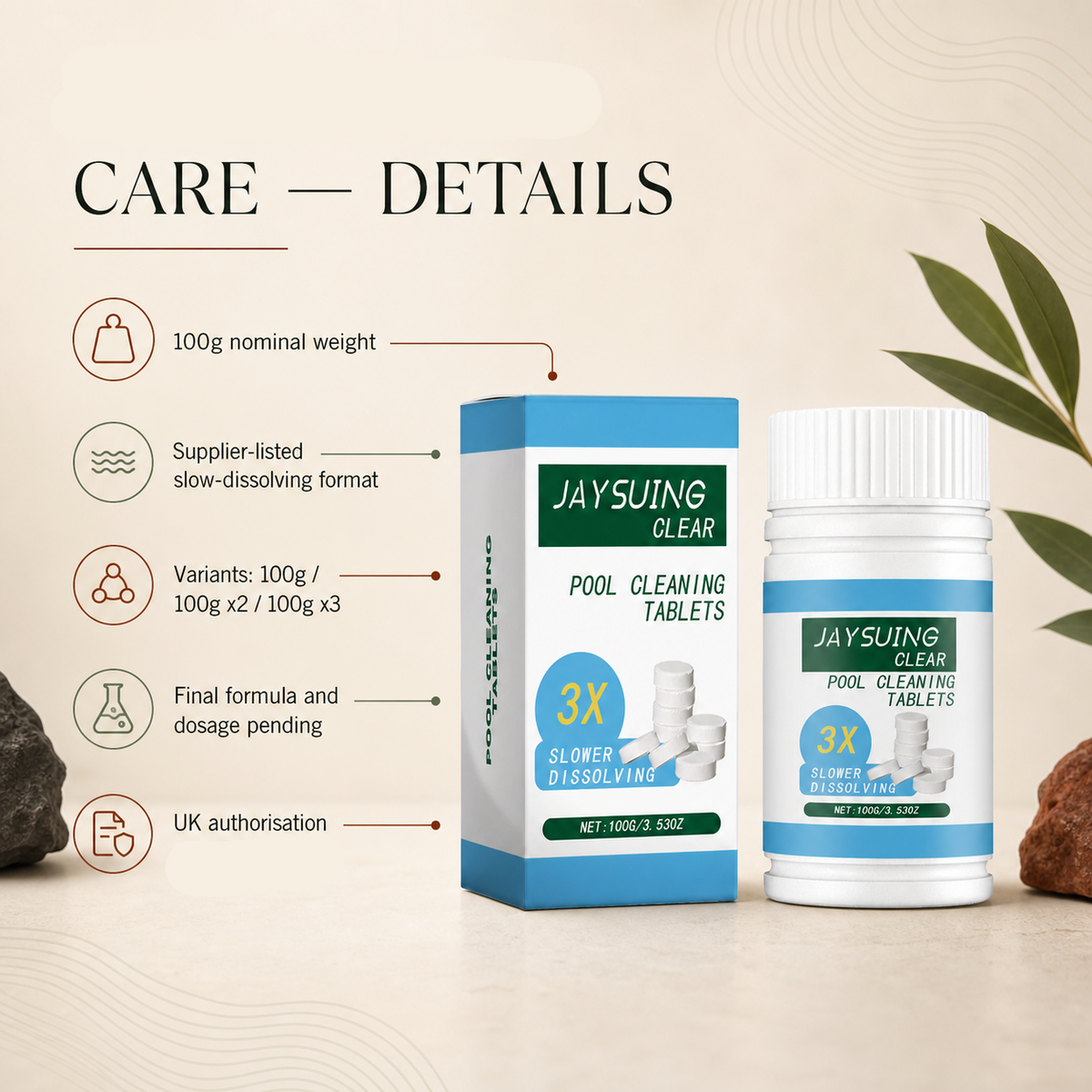 Ice bath water-care tablets product details and UK documentation graphic