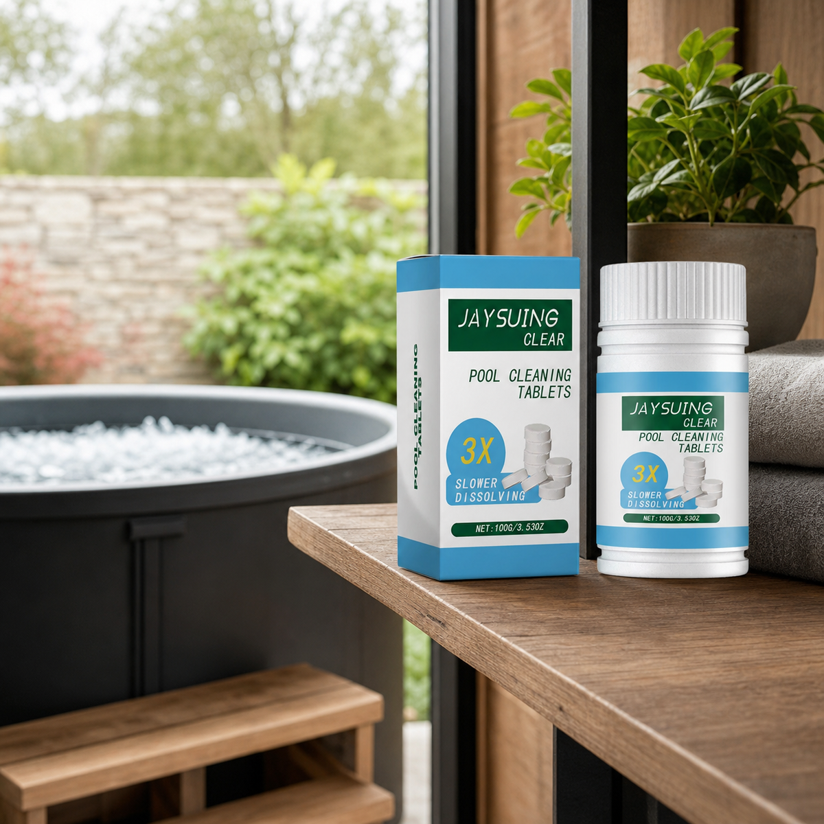 Sealed ice bath water-care tablets in a British garden room maintenance setting