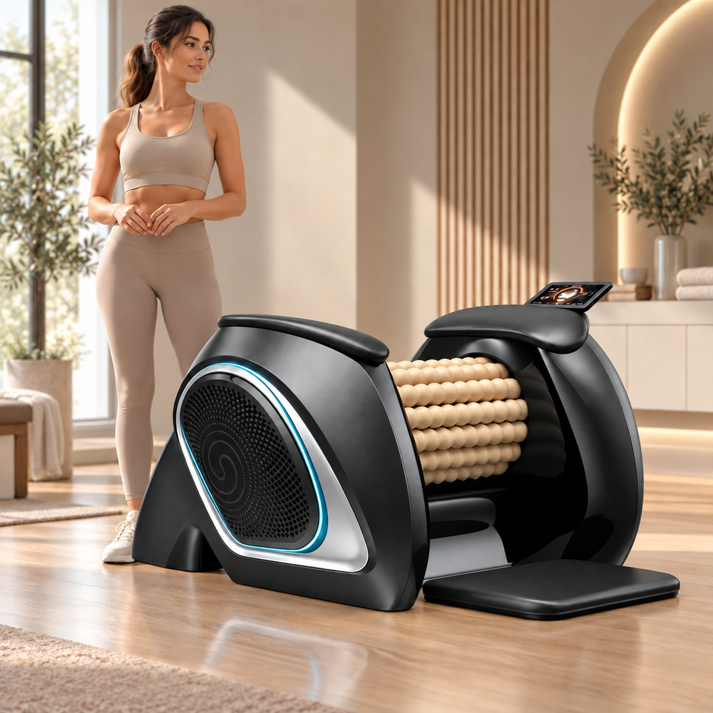 Body massage roller with natural wooden rollers in a home wellness space