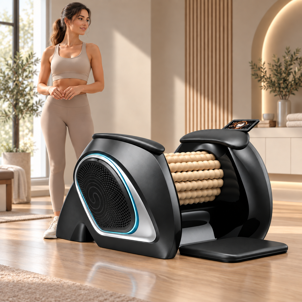 Body massage roller with natural wooden rollers in a home wellness space