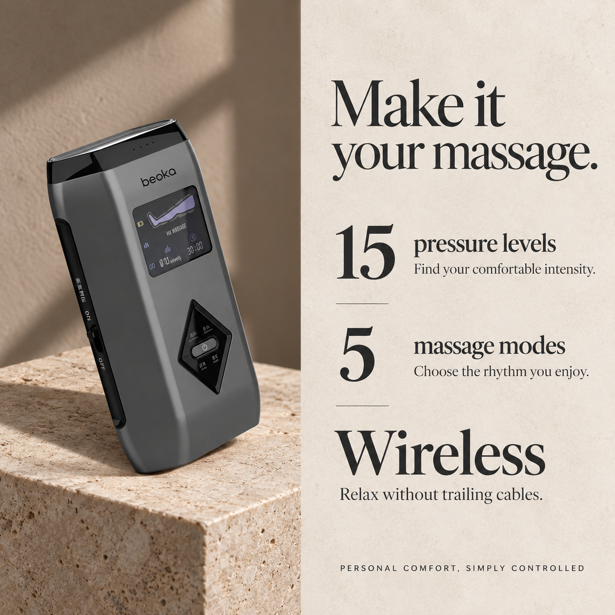 Compression boot controller with 15 pressure levels, five massage modes and wireless comfort features.