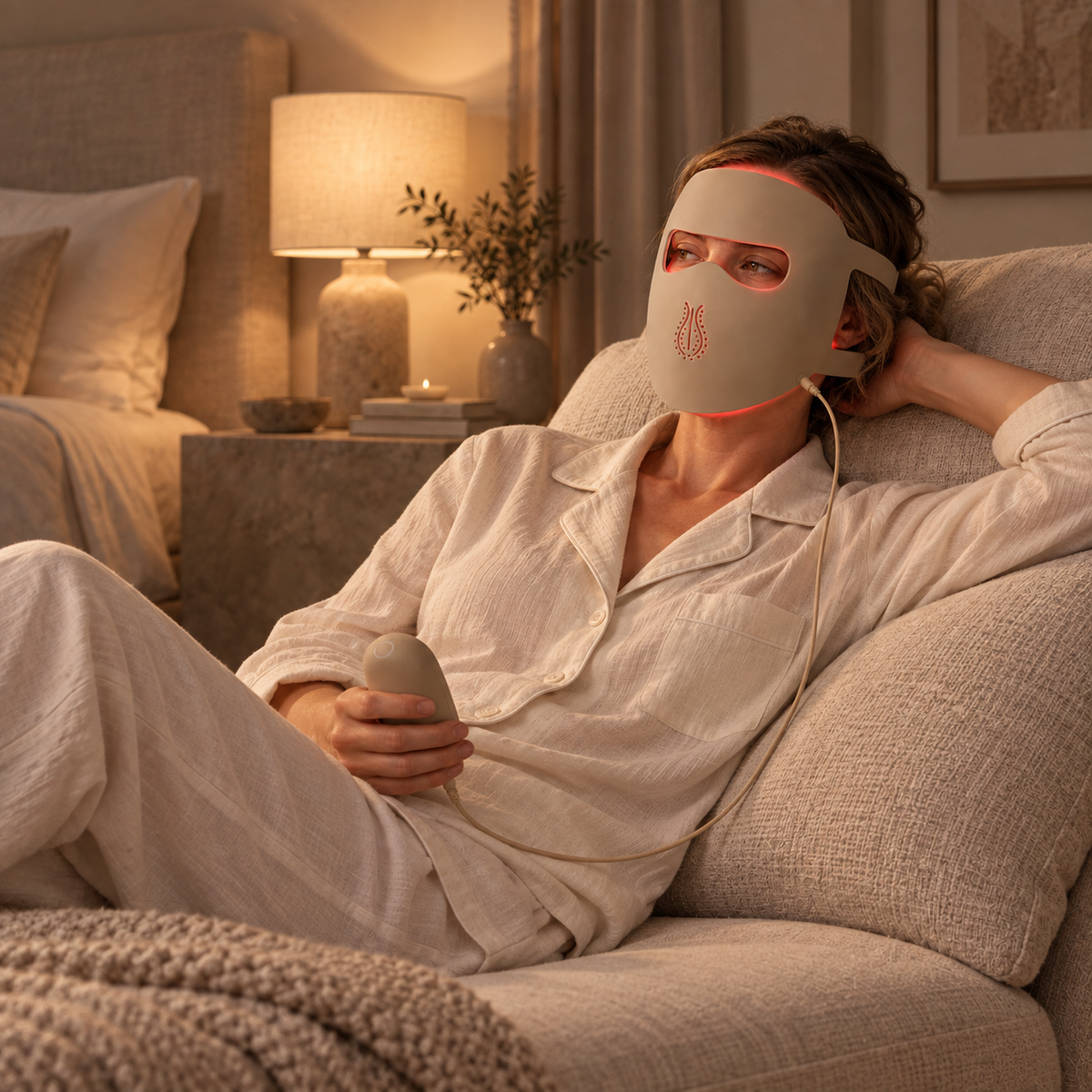 Halo LED face mask used while relaxing at home