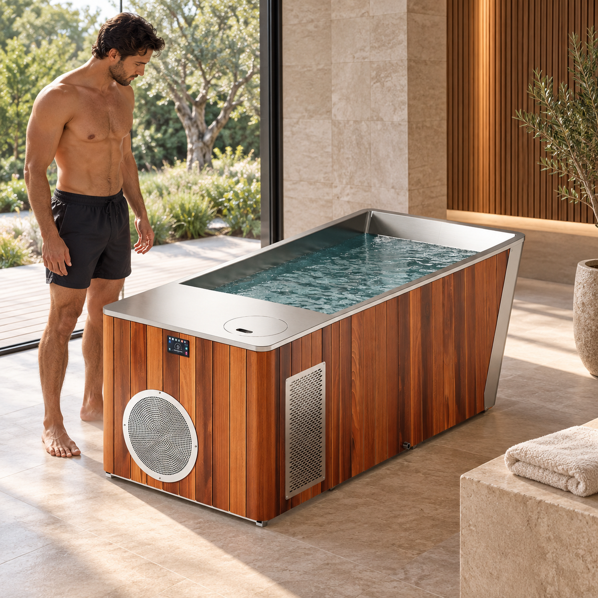 Integrated timber and stainless cold plunge in a home spa