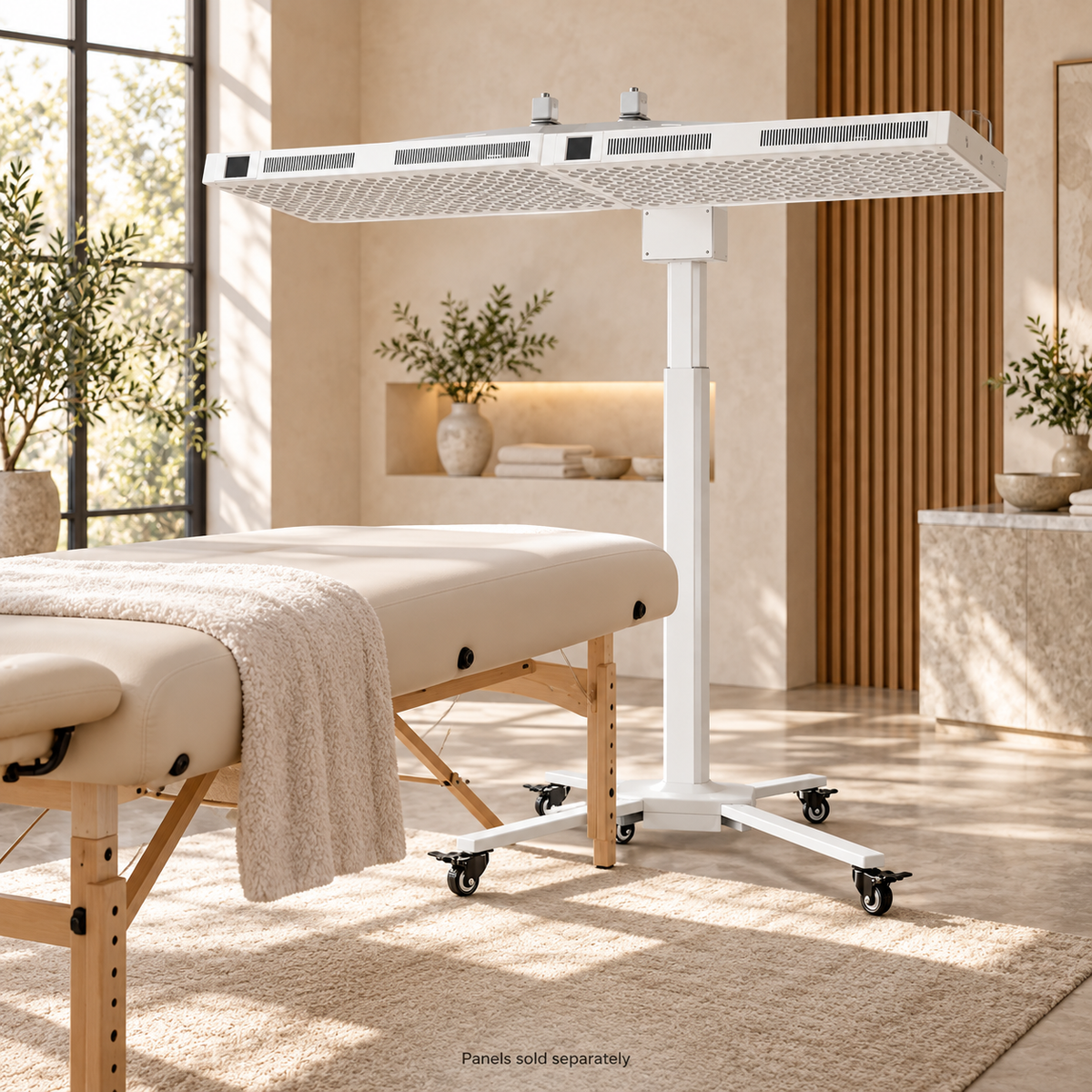 Luma electric lift mounting stand in a wellness studio, panels sold separately