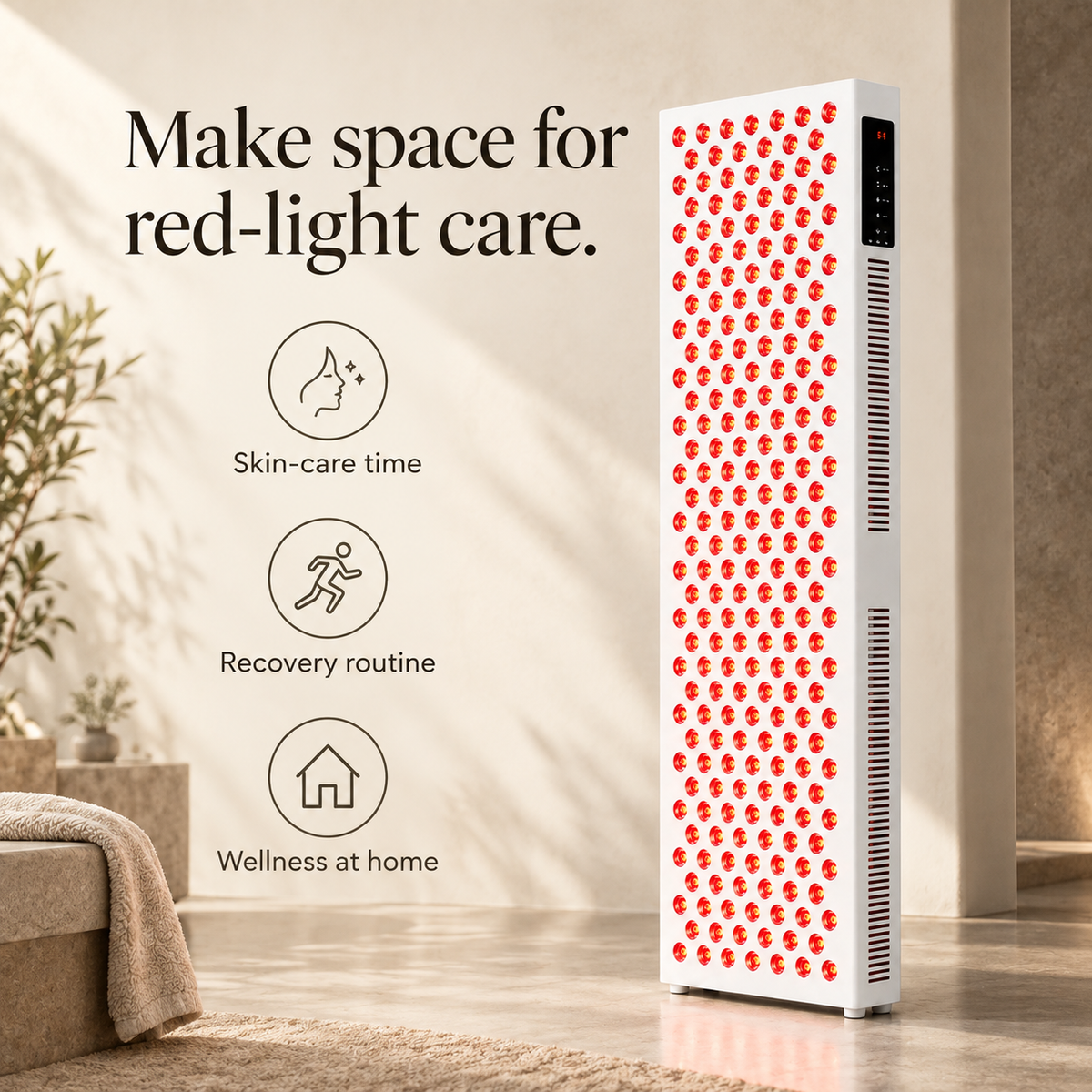 Luma panel with compact icons for skin-care time, recovery routine and home wellness.
