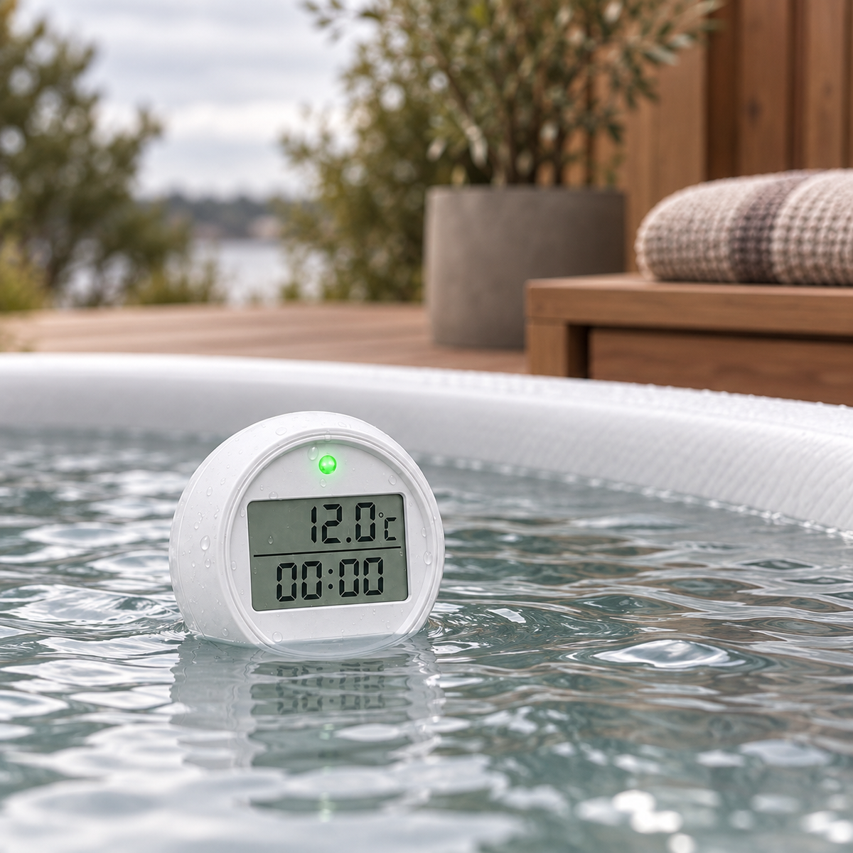 Floating ice-bath thermometer showing temperature and time in a home plunge.