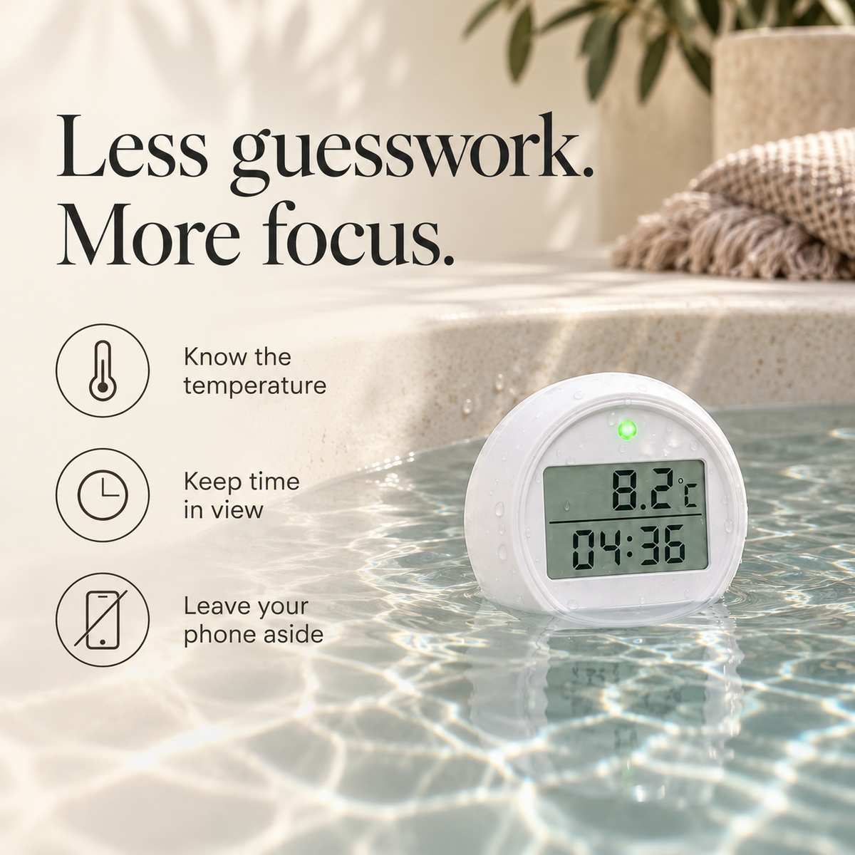 Ice-bath thermometer benefits with compact temperature, timer and phone-free icons.