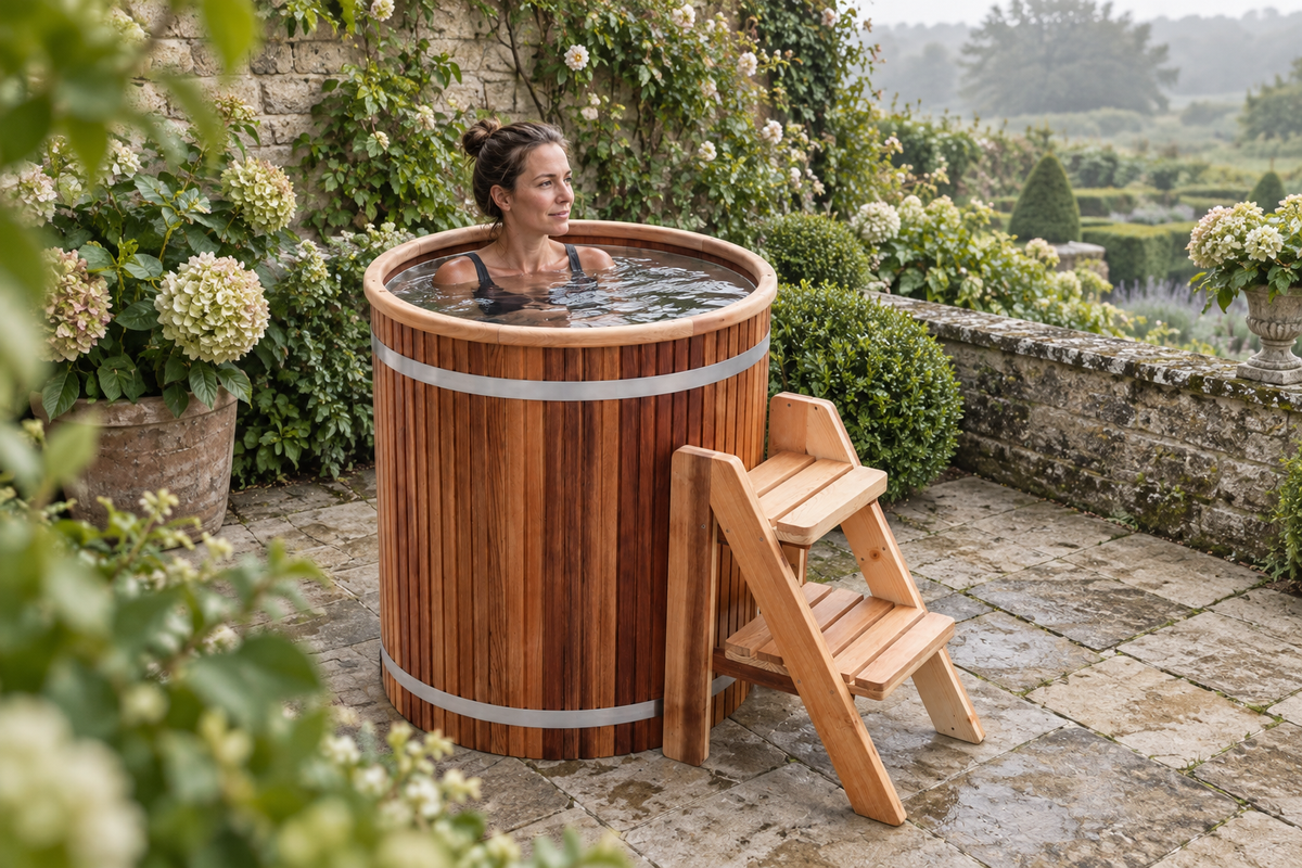 Cedar cold plunge in a British walled garden