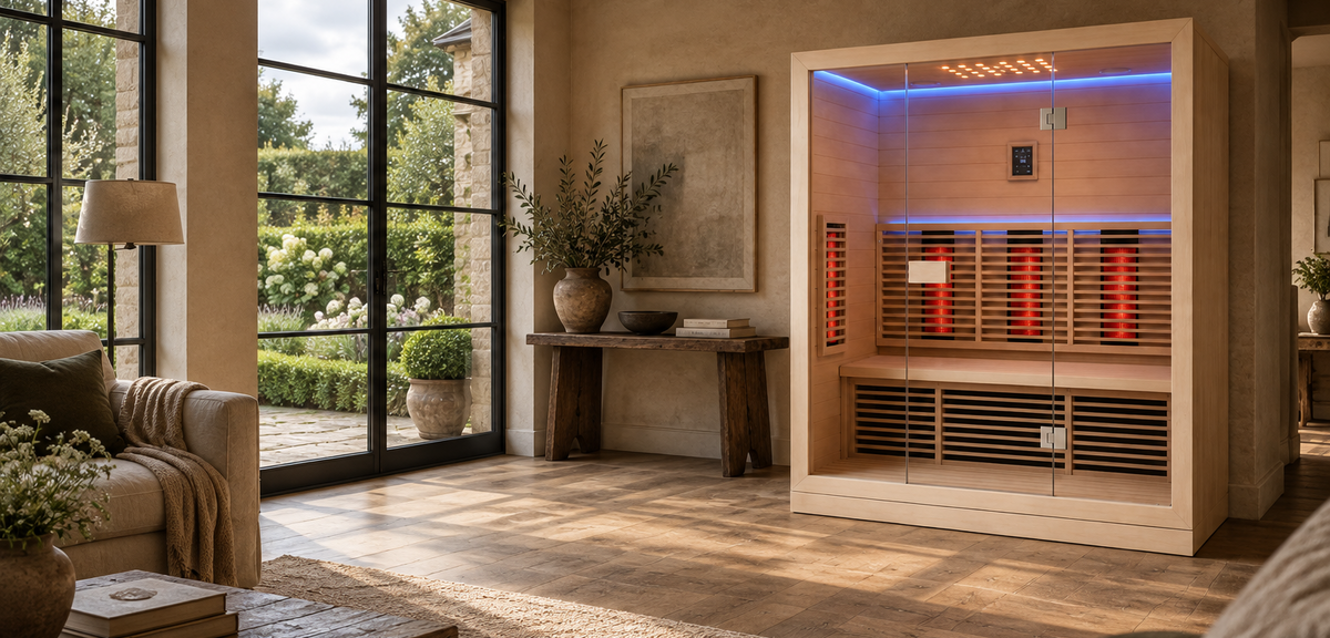 Elevn infrared sauna in a warm English garden room