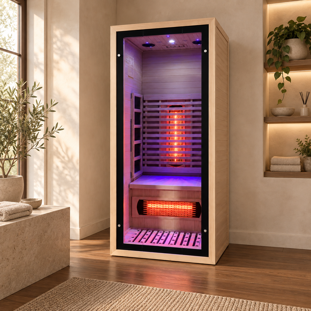 Solace one-person infrared sauna in a home wellness nook