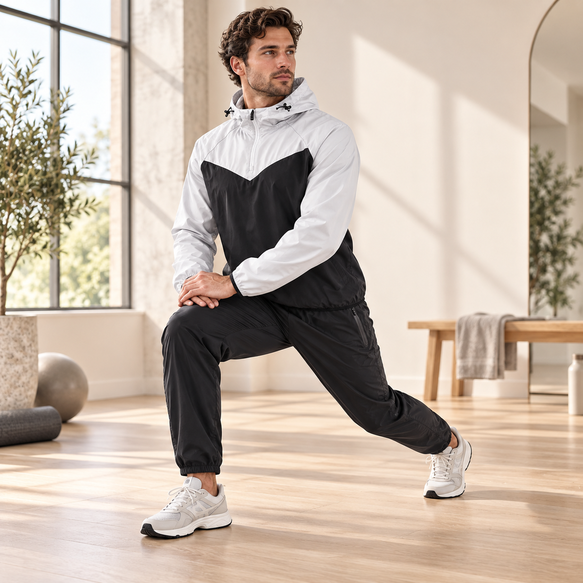 Man wearing the grey and black Thermal training suit during a gentle warm-up.