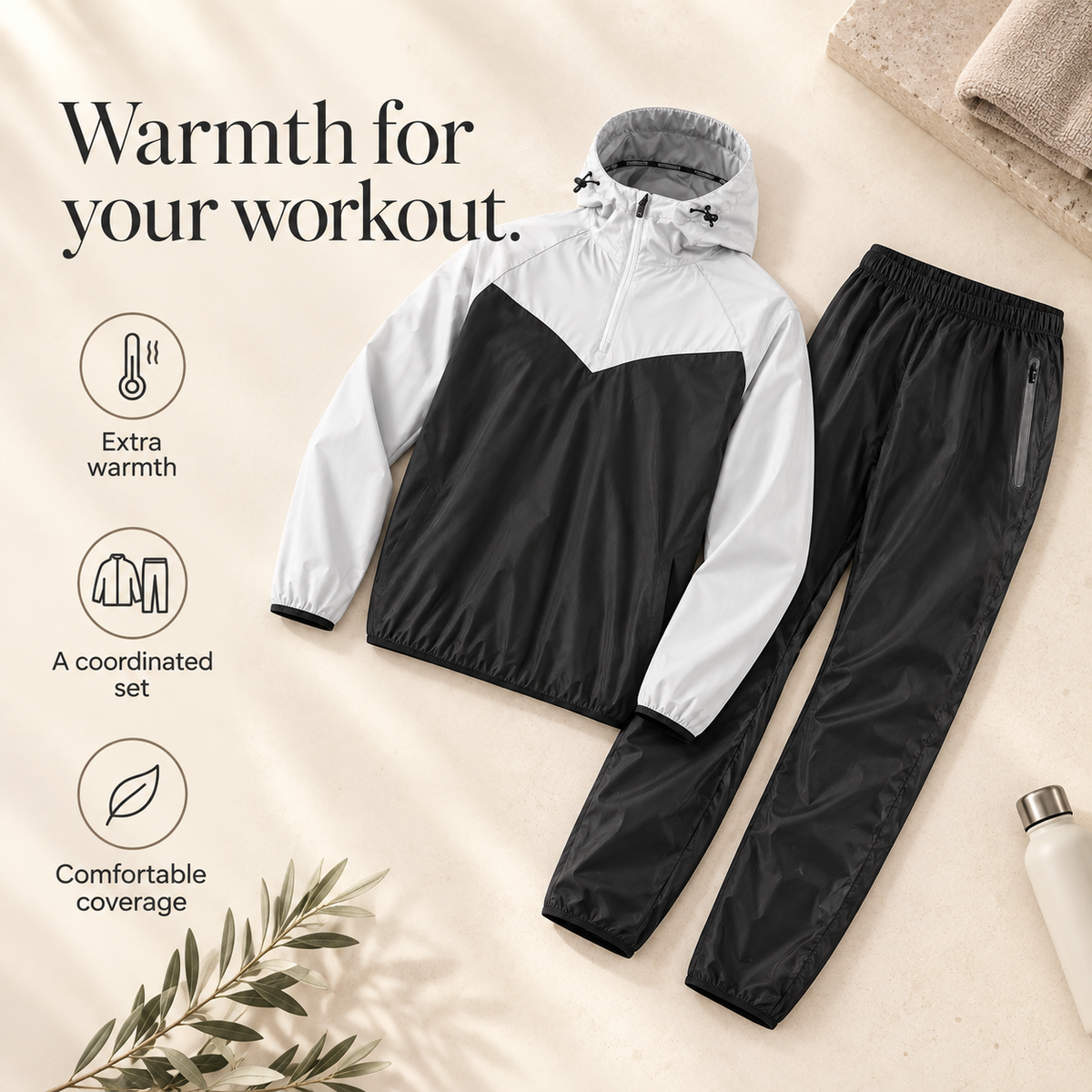 Thermal jacket and trousers with warmth, coordinated set and coverage benefits.